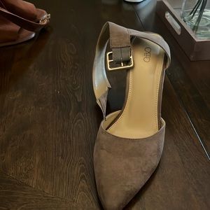 Light brown suede ankle strap heels